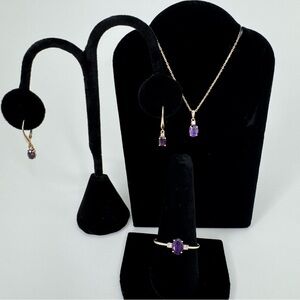 Kay Jewelers 10K Gold Amethyst Diamond Jewelry Set Ring Sz 11 Earrings Necklace